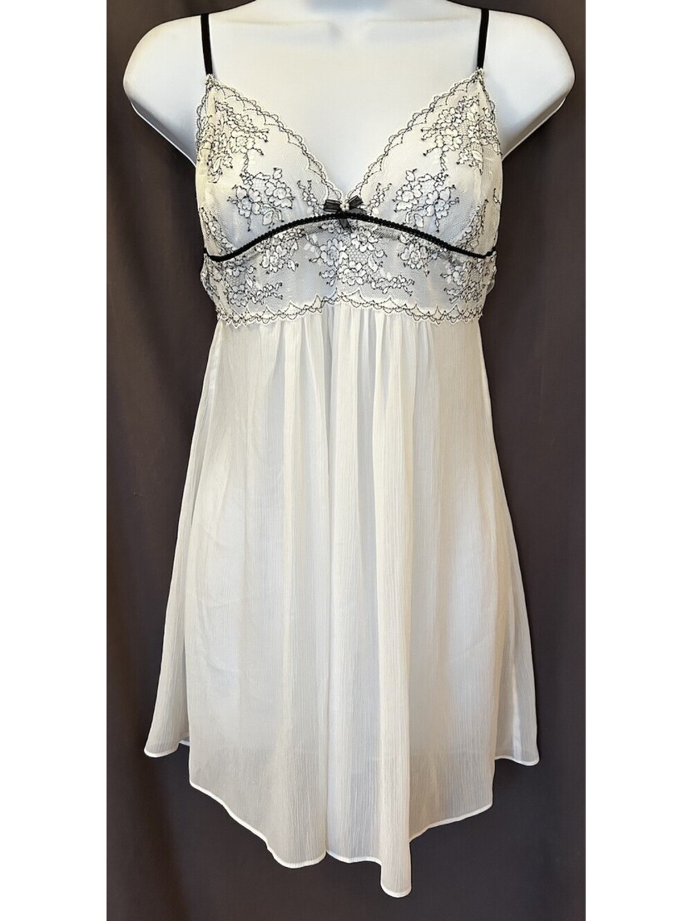 VTG In Bloom By Jonquil Sheer White Black Lace Babydoll Bridal Chemise SZ M NWT